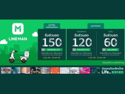 สิทธิพิเศษบัตรเครดิตกสิกรไทย รับส่วนลดสูงสุด 150 บาท เมื่อสั่งอาหารที่ LINE MAN