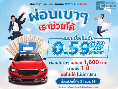 TISCO AutoCash ผ่อนเบาๆ เราช่วยได้ ดอกเบี้ยเริ่มต้น 0.59%*ต่อเดือน ผ่อนสบายๆ แสนละ 1,600 บาท นาน 1 ปี ปิดโปะได้ ไม่มีค่าปรับ