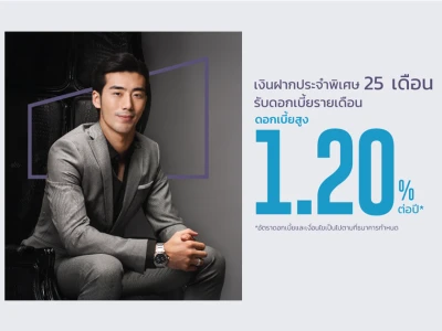 โปรโมชันเงินฝากดอกเบี้ยสูง เงินฝากประจำ 25 เดือน ดอกเบี้ยสูง 1.20% ต่อปี จาก ธ.เกียรตินาคินภัทร