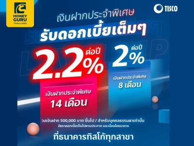 TISCO เปิดบัญชีเงินฝากประจำพิเศษ 8 เดือน ดอกเบี้ยสูง 2% ต่อปี และเงินฝากประจำพิเศษ 14 เดือน ดอกเบี้ยสูง 2.2% ต่อปี