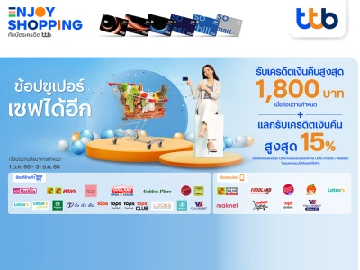 ช้อปซูเปอร์ เซฟได้อีก กับบัตรเครดิต ทีทีบี รับเครดิตเงินคืนสูงสุด 1,800 บาท  พร้อมแลกคะแนนรับเครดิตเงินคืนสูงสุด 15%