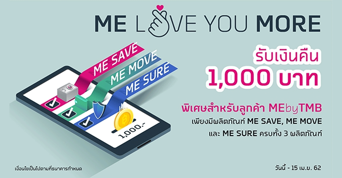 Me Love You More เพราะคุณคือลูกค้าคนสำคัญ พิเศษ! เฉพาะลูกค้า Me By Tmb  รับเงินคืน 1,000 บาท* | เช็คราคา.คอม